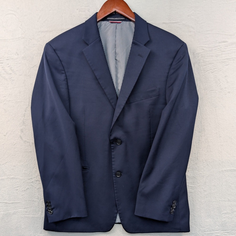 Tommy Hilfiger Jacket Men's 40S Navy Blue Gingham Lining Stretch Business Blazer